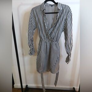Express Striped Fitted Poplin Long Sleeve Mini Shirt Dress